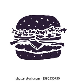Burger with Flame Hand Drawn Fast Food Logo. Vector illustration