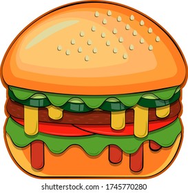 Fette Burger mit fließendem Käse und Ketschup. Doppelsalat und vier Gurkenscheiben.