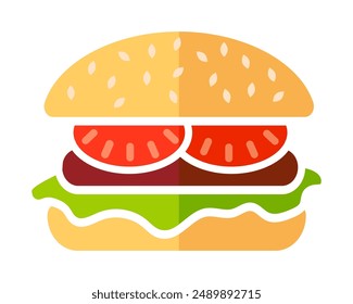 Icono plano de hamburguesa. Hamburguesa con tomate y lechuga. Símbolo de comida rápida. Ilustración del color del logotipo de la comida.