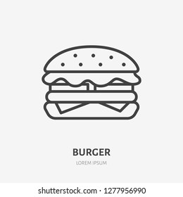 Burger flat line icon. Vector thin sign of fast food cafe logo. Hamburger, sandwich illustration.