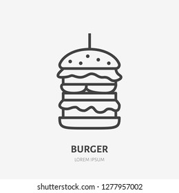 Burger flat line icon. Vector thin sign of fast food cafe logo. Large hamburger with stick illustration.