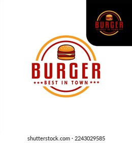 diseño de logotipo plano de la hamburguesa, emblema, placa, pegatina de corte, forma de círculo, icono de la hamburguesa, diseño minimalista, sencillo