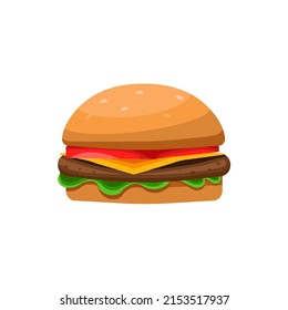 Burger flat vector illustration on white background. Hamburger colorful icon isolated on white background. Cheeseburger