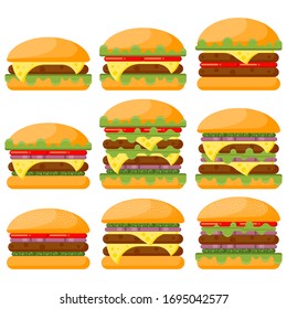 Burger flat vector illustration set. Hamburger, cheeseburger, double burger. Fastfood icon set.