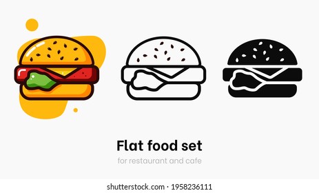 Burger flat vector illustration set. Burger vector for restaurant, dinner and italian menu. Bright colorful Hamburger on yellow background with vibrant and bright colors. Burger vector logo collection