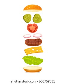 Burger with floating ingredient. Flying bun, meat, tomato, cucumber, onion, sauce, cheese, lettuce. Delicious hamburger  illustration on white background. Fast food