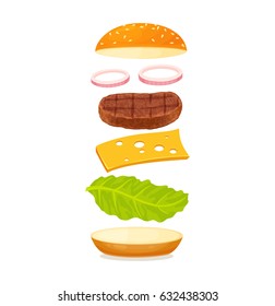 Burger with floating ingredient. Flying bun, meat, tomato, cucumber, onion, cheese, lettuce. Delicious hamburger illustration on white background. Fast food