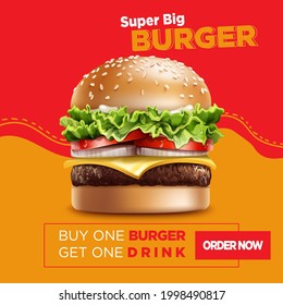 Burger Flyer Design Template cooking, cafe and restaurant menu. Vector illustration for banner, poster, flyer, cover, menu, brochure.