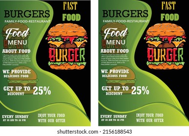 Planilla de diseño del volante de hamburguesas, café y menú de restaurante. Ilustración vectorial para banner, afiche, volante, portada, menú, folleto.fondo verde de la hamburguesa vectorial