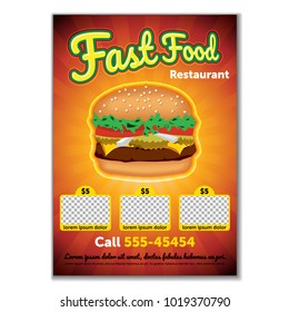 Burger flyer template. Cute cartoon colored picture of fast food. Menu design elements. Vector illustration of fast food