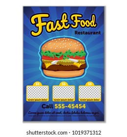 Burger flyer template. Cute cartoon colored picture of fast food. Menu design elements. Vector illustration of fast food