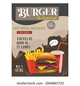Diseño de la ilustración de la plantilla del volante de hamburguesas. Folleto de comida rápida, afiche, pancarta, portada, menú, conjunto de folletos de diseño vectorial con hamburguesas, patatas fritas, ilustración de bebida para cocinar, café y restaurante.