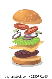 Burger with flying ingredients. Cheeseburger explosion concept flying ingredients. Vector Illustration.