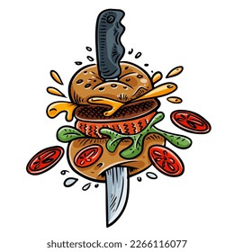 Burger with flying ingredients. Hand-drawn cartoon vector picture 