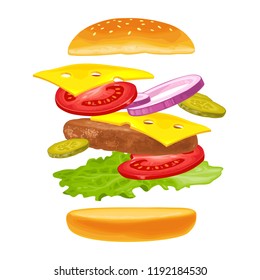 Burger with flying ingredients include bun, tomato, salad, cheese, onion, cucumber. Vector color flat illustration isolated on white background. For vertical poster, menu, banner