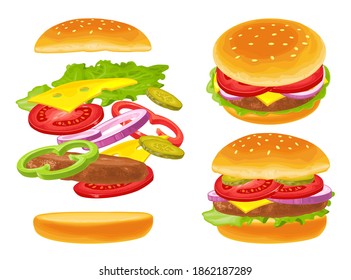 Burger with flying ingredients include bun, tomato, salad, cheese, onion, cucumber. Vector color flat illustration isolated on white background.