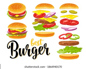 Burger with flying ingredients include bun, tomato, salad, cheese, onion, cucumber. Vector color flat illustration isolated on white background.