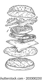 Zu den fliegenden Zutaten gehören Knospen, Tomate, Salat, Käse, Zwiebeln, Gurken. Fliegende Stücke frischen Zitronens. Vintage-Vektorgrafikgrafik schwarz-monochrome Illustration.