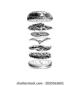 Burger With Flying Ingredients Include Bun, Tomato, Salad, Cheese, Onion. Vector Vintage Hatching Black Illustration. Isolated On White. Hand Drawn Design