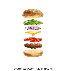 Burger With Flying Ingredients Include Bun, Tomato, Salad, Cheese, Onion. Vector Vintage Hatching Color Illustration. Isolated On White. Hand Drawn Design