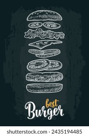 Burger  with flying ingredients include bun, tomato, salad, cheese, onion, cucumber. Vector white vintage engraving illustration isolated on dark