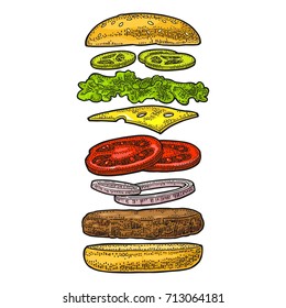 Burger with flying ingredients include bun, tomato, salad, cheese, onion, cucumber. Vector color vintage engraving Illustration isolated on white background. For vertical poster, menu, banner