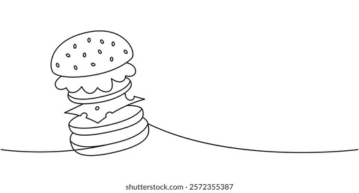 Burger with flying ingredients one line continuous drawing. Traditional American fast food. Vector illustration.