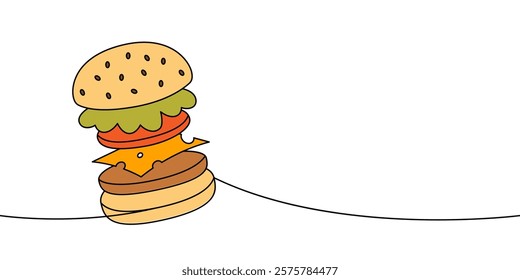 Burger with flying ingredients one line colored continuous drawing. Traditional American fast food.