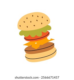 Burger with flying ingredients. Traditional American fast food. Vector illustration.