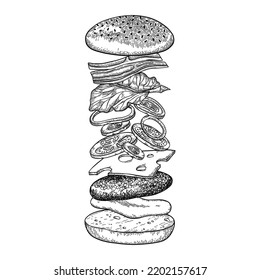 Burger with flying ingredients. Vector monochrome illustration in vintage sketched style.