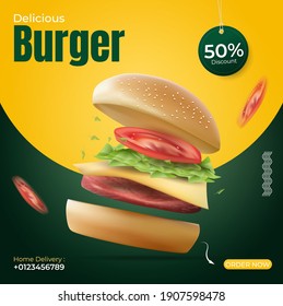 burger or food ads banner social media post. vector illustration with realistic burger. 