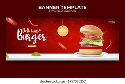 burger or food ads banner template. Delicious homemade burger with chili and BBQ grill, realistic vector illustration