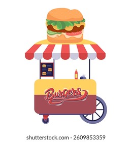 Burger food cart on isolated background. Vector illustration in a flat style