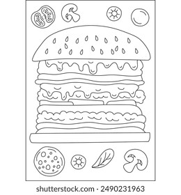 Burger Food Dish Malbuch Seite für Kinder oder Erwachsene Malbuch Achtsame Entspannung Aktivität