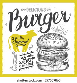 Burger food element for restaurant and cafe. Design poster with hand-drawn graphic elements in doodle style.