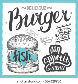 Burger food element for restaurant and cafe. Design poster with hand-drawn graphic elements in doodle style.