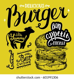 Burger food element for restaurant and cafe. Design poster with hand-drawn graphic elements in doodle style.
