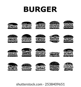 burger food hamburger bun icons set vector. sandwich fast, cheeseburger cheese, bread drink, black snack, meat beef, meal, retro burger food hamburger bun glyph pictogram Illustrations
