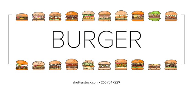 burger food hamburger bun icons set vector. sandwich fast, cheeseburger cheese, bread drink, black snack, meat beef, meal, retro burger food hamburger bun color line illustrations