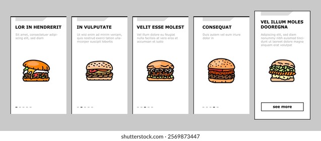 burger food hamburger bun onboarding mobile vector sandwich fast, cheeseburger cheese, bread drink, black snack, meat beef, meal, retro burger food hamburger bun illustrations