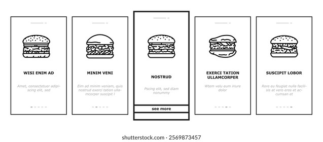 burger food hamburger bun onboarding mobile vector sandwich fast, cheeseburger cheese, bread drink, black snack, meat beef, meal, retro burger food hamburger bun illustrations