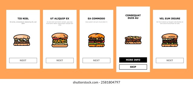 burger food hamburger bun onboarding mobile vector sandwich fast, cheeseburger cheese, bread drink, black snack, meat beef, meal, retro burger food hamburger bun illustrations