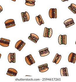 burger food hamburger bun vector seamless pattern thin line illustration