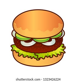 Burger food icon. Cartoon hand draw illustration of burger for web design, menu, game isoleted on white