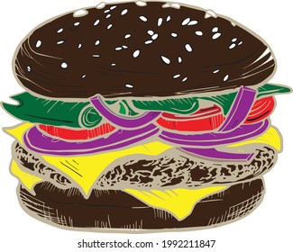 burger food icon, burger composition in the form of chees,tomato and meal, cheesburger icon symbol and illustration.