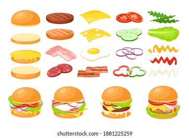 Burger Food Ingredient Vector Illustration Set. Cartoon Fastfood Hamburger Maker Collection With Fresh Slice Of Vegetable, Melted Cheese, Sauces, Bun And Meat Cutlet For Cheeseburger Isolated On White