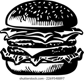 Burger, food, isolated, vintage drawing, vector illustration, black color