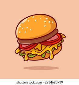 Burger Food With Melted Cheese Floating Cartoon Vector Icon Illustration. Food Object Icon Concept Isolated Premium Vector. Flat Cartoon Style