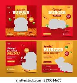Burger Food menu banner social media post. Editable social media templates for promotions on the Burger Food menu. Set of social media stories and post frames. Layout design for marketing on social me