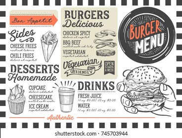 Burger food menu for restaurant and cafe. Design template with hand-drawn graphic illustrations.